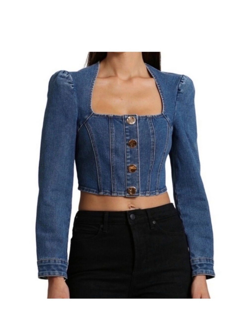 Avec Les Filles Fitted Puff Sleeve Corset Denim Jacket